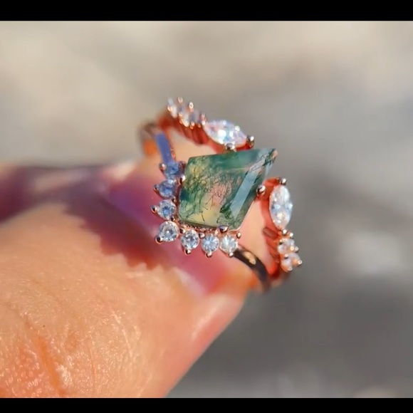 14k Rose Gold Vintage Kite Moss Agate Diamond Engagement Wedding Rings - Picture 7 of 12
